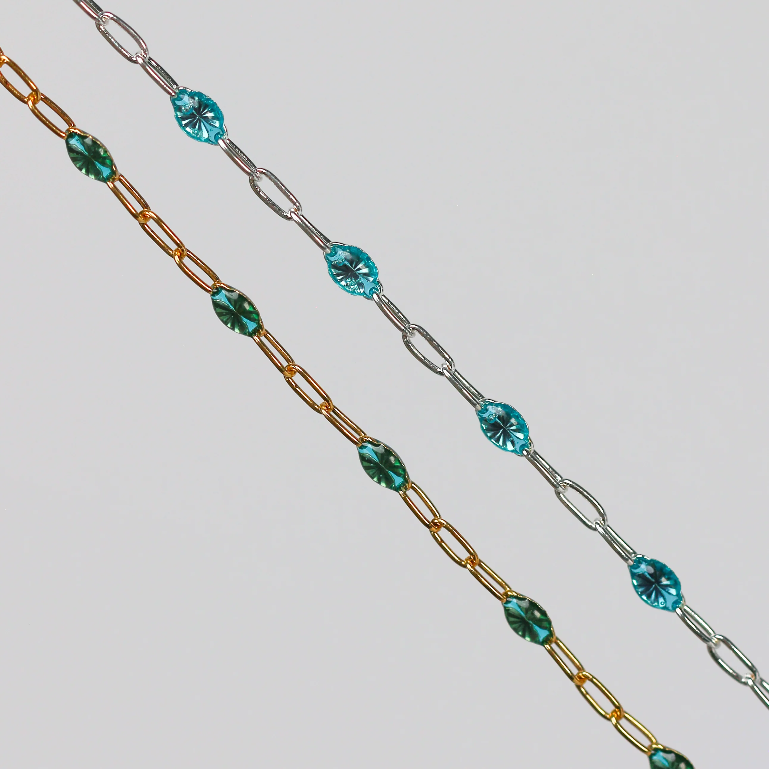 Caterina Permanent Jewelry Chain, Aquamarine Enamel Design, Cable Links, Available in Gold Filled and Sterling Silver