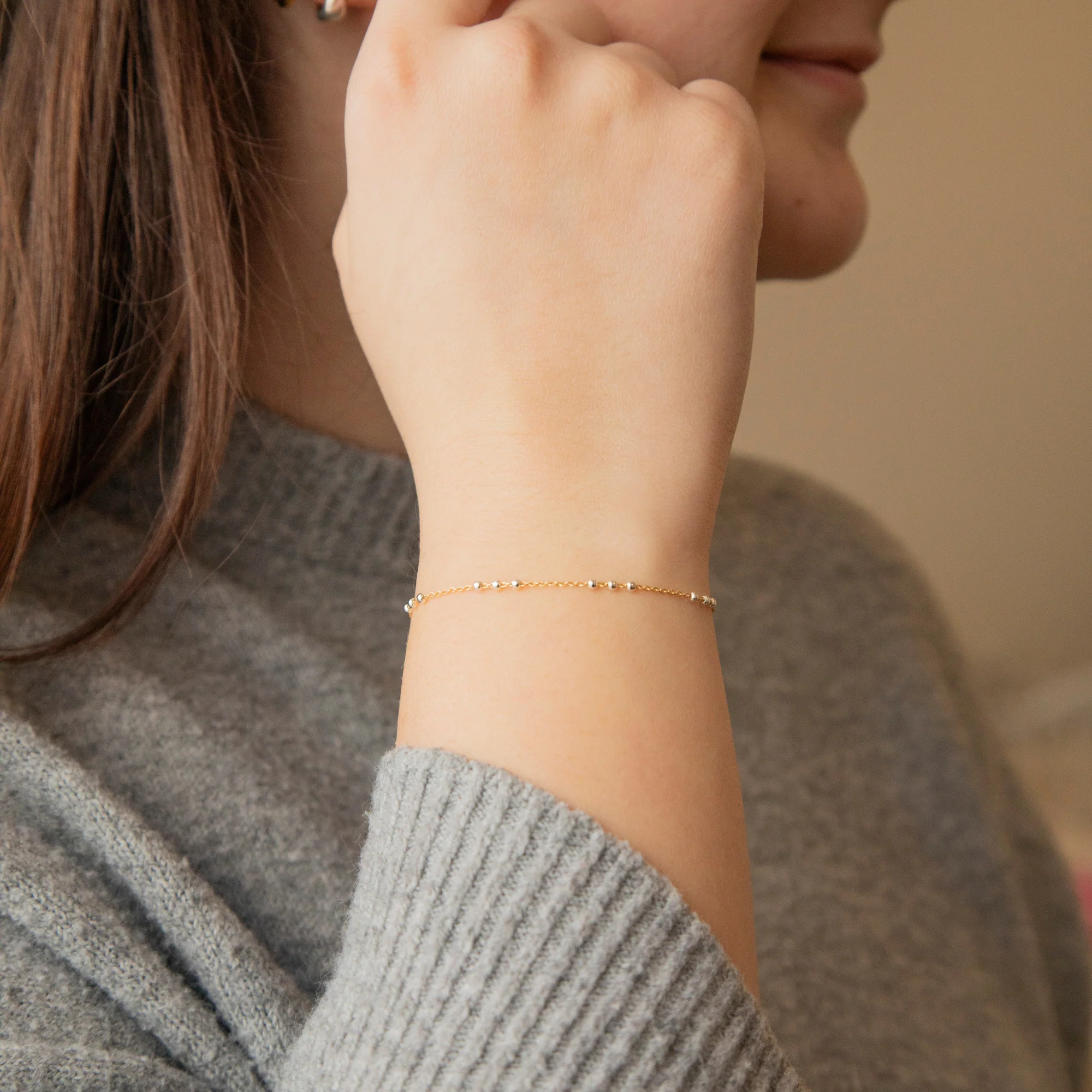 Chelsea Permanent Jewelry Chain, Cable Satellite Design with 2mm Silver Beads, Available in Yellow Gold-Filled - Image 2
