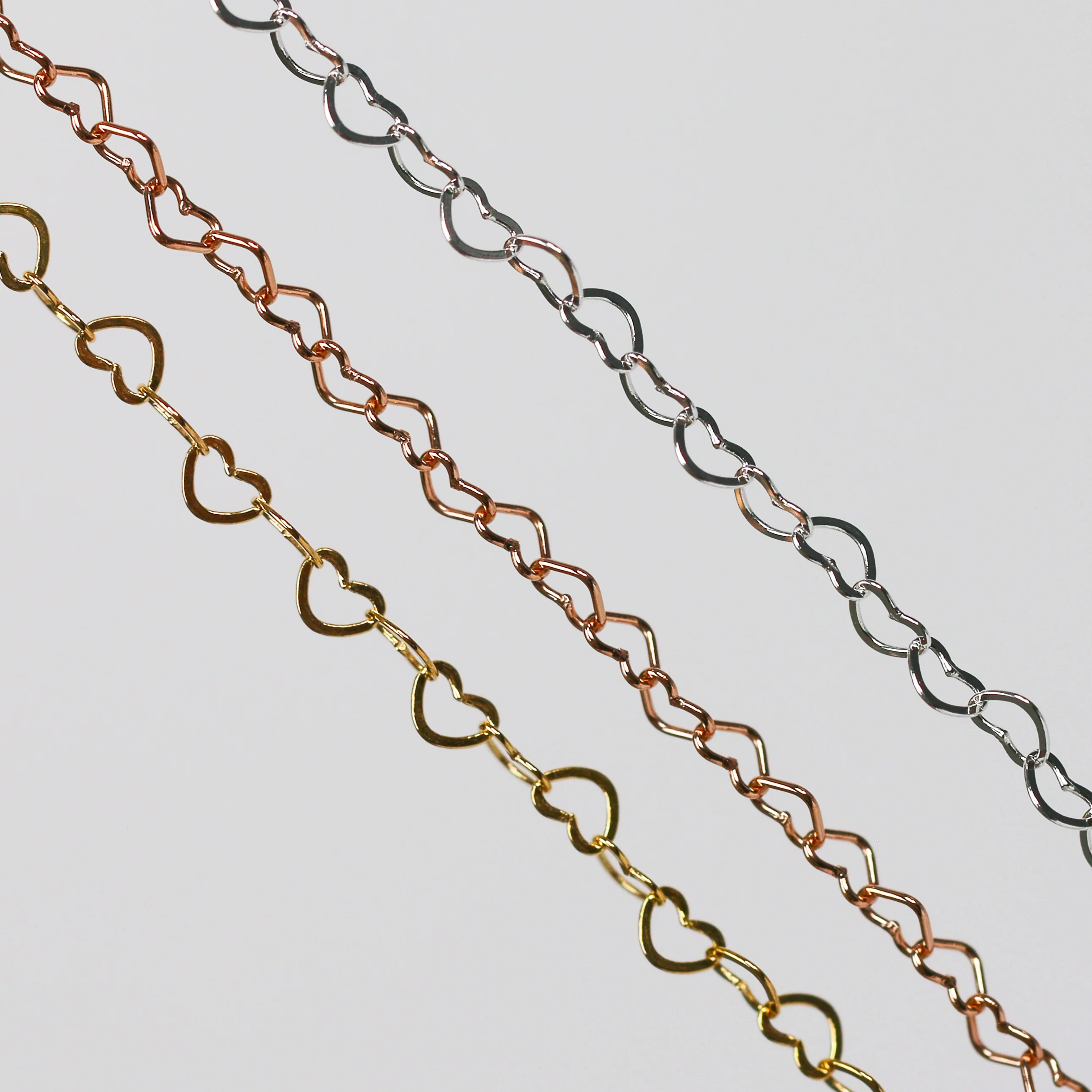 Ella Permanent Jewelry Chain, Flat Heart Design, Flat Heart Links, Available in Gold and Silver Options