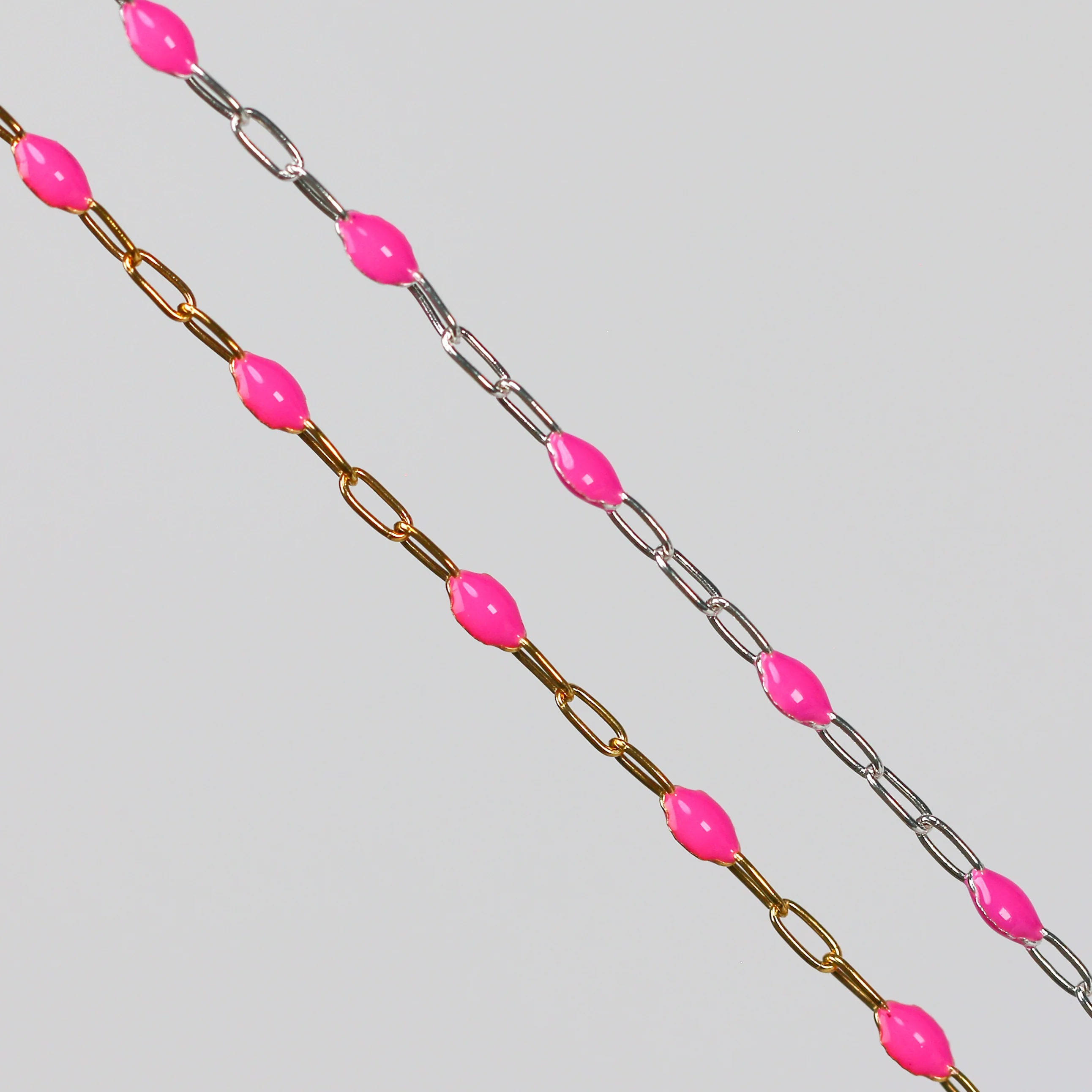 Leonora Permanent Jewelry Chain, Rose Enamel Design, Cable Links, Available in Gold Filled and Sterling Silver