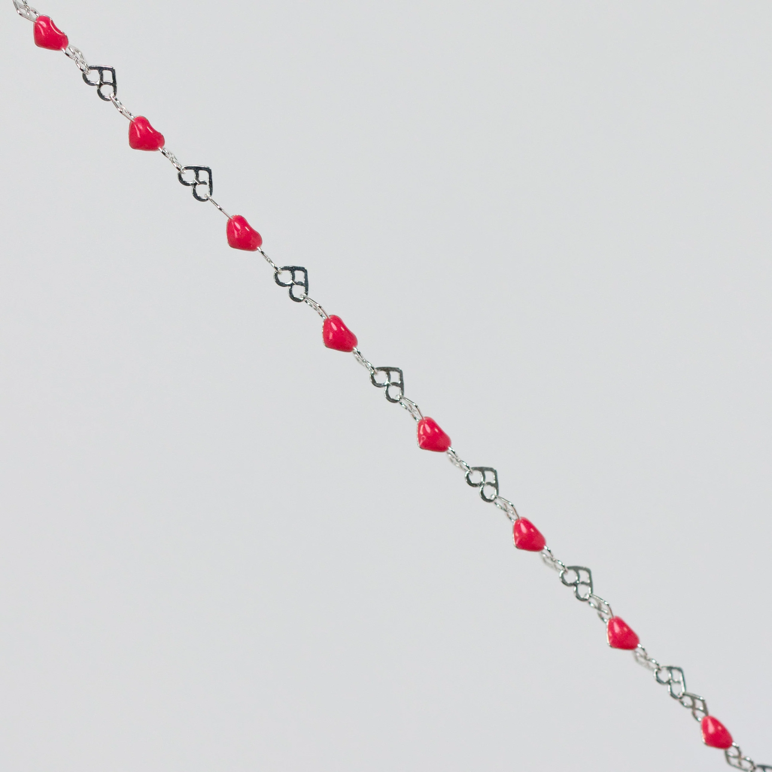 Natalie Permanent Jewelry Chain, Heart Links with Dark Rose Enamel, Available in Sterling Silver