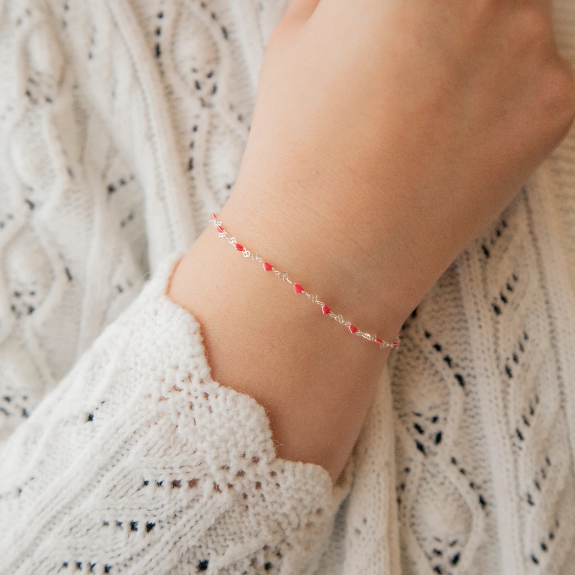 Natalie Permanent Jewelry Chain, Heart Links with Dark Rose Enamel, Available in Sterling Silver - Image 2