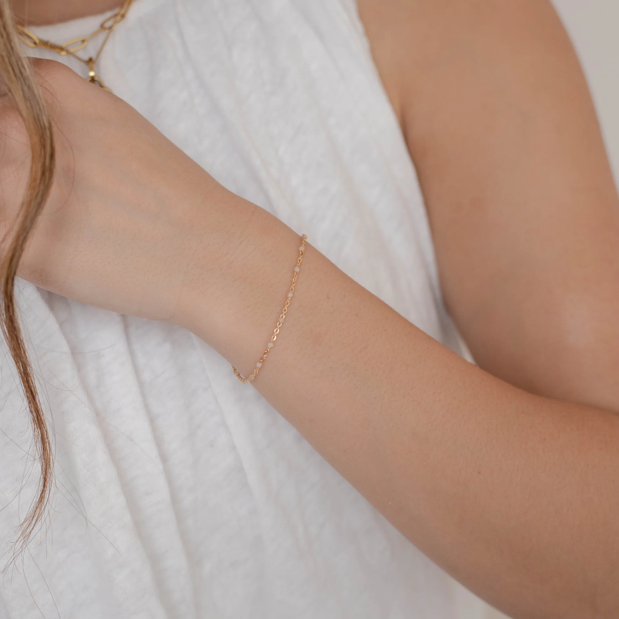Viviana Permanent Jewelry Chain, White Opal Enamel Design, Cable Links, Available in Gold Filled and Sterling Silver - Image 2
